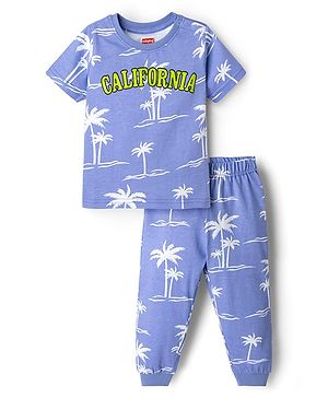 Babyhug Cotton Knit Half Sleeves Co-ords Night Suit With Tropical Theme Print - Lavender