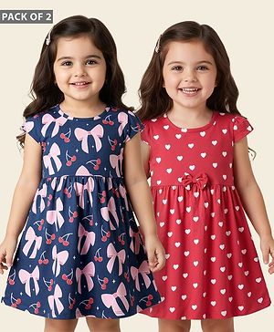 Babyhug Single Jersey Knit Cap Sleeves Frock with Bow & Hearts Print Pack of 2 - Red & Blue