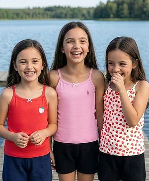 Pine Kids Cotton Elastane Knit Singlet Sleeves Slips With Strawberry Print Pack of 3 (Color May Vary)