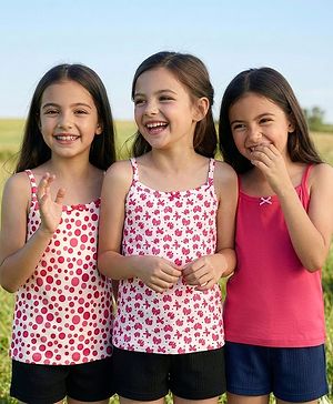 Pine Kids Cotton Elastane Knit Singlet Sleeves Bow & Polka Dot Printed Slips Pack of 3 (Color May Vary)