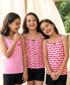 Pine Kids Cotton Elastane Knit Singlet Sleeves Love & Heart Printed Slips Pack of 3 (Color May Vary)