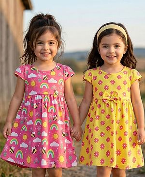 Babyhug Single Jersey Knit Half Sleeves Frocks with Tropical & Floral Print Pack of 2 - Dark Pink & Yellow