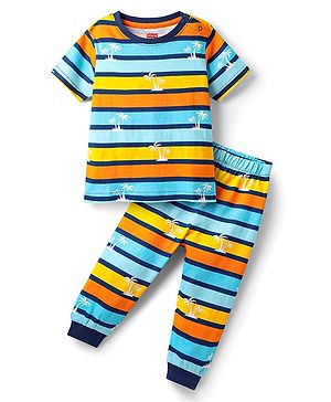 Babyhug Cotton Knit Half Sleeves Striped Co-Ord Night Suit - Multicolor