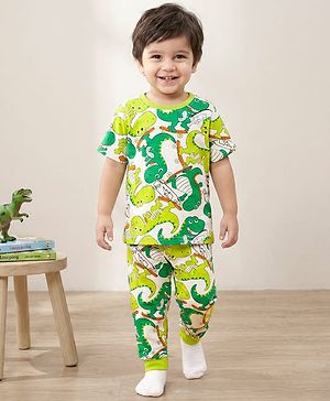 Babyhug Cotton Knit Half Sleeves Co-ords Night Suit With Dino Print - White