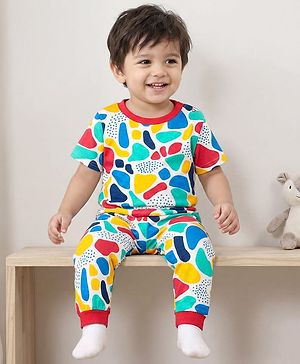 Babyhug Cotton Knit Half Sleeves Co-ords Night Suit With Abstract Print - Multicolour