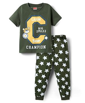 Babyhug Cotton Knit Half Sleeves Night Suit With Champion Text Print - Dark Green