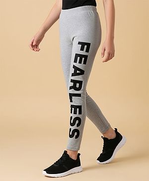 Pine Kids Cotton Lycra Knit Full Length Leggings with Fearless Print - Grey Melange