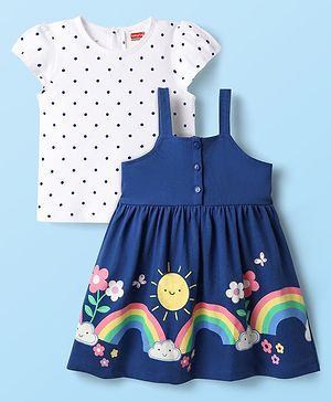 Babyhug 100% Cotton Half Sleeves Polka Dots Printed Inner Tee With Rainbow Printed Frock - Blue & White