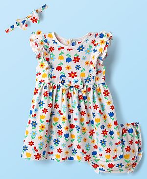 Babyhug Single Jersey Knit Frill Sleeves Frock with Bloomer & Hairband with Floral Print & Bow Applique - White
