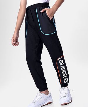 Pine Kids Cotton Knit Full Length Lounge Pant with Text Print & Pipe Detailing - Black