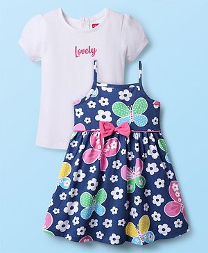 Babyhug Single Jersey Knit Half Sleeves Printed Frock With Inner Tee & Headband - Navy Blue