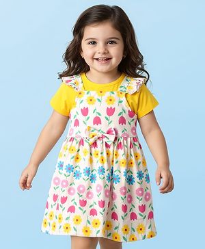 Babyhug Single Jersey Knit Half Sleeves Frock & Inner Tee with Floral Print - White