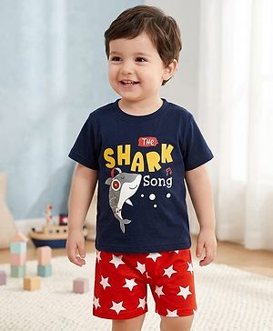 Babyhug Cotton Knit  Half Sleeves Shorts Night Suit With Shark & Star Print - Navy Blue & Red