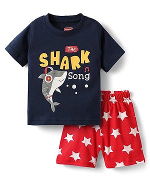 Babyhug Cotton Knit  Half Sleeves Shorts Night Suit With Shark & Star Print - Navy Blue & Red