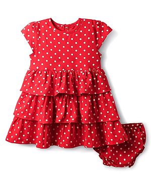 Babyhug 100% Cotton Half Sleeves Polka Dots Printed Layered Frock With Bloomer - Red