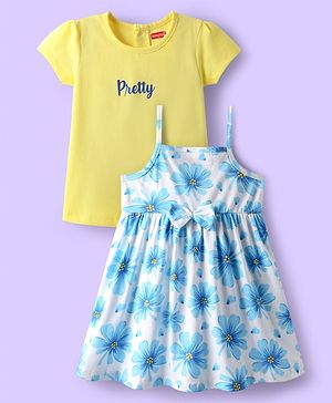 Babyhug 100% Cotton Half Sleeves Inner Tee With Floral Printed & Bow Applique Frock - Light Blue & Yellow