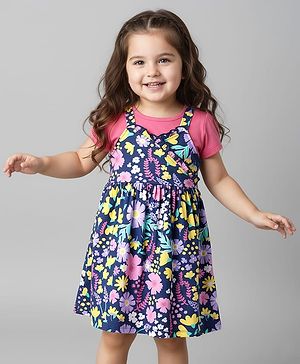 Babyhug Single Jersey Knit Half Sleeves Frock & Inner Tee with Floral Print - Pink & Navy Blue