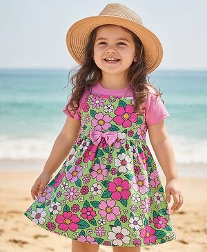 Babyhug Single Jersey Knit Half Sleeves Frock & Inner T-Shirt with Floral Print - Pink