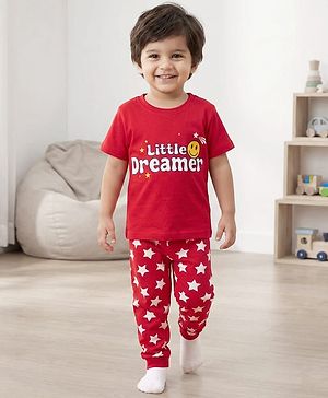 Babyhug Cotton Knit Half Sleeves Night Suit With Text & Star Print - Red