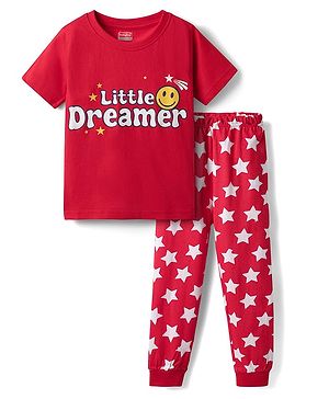 Babyhug Cotton Knit Half Sleeves Night Suit With Text & Star Print - Red