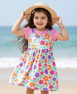 Babyhug Single Jersey Knit Half Sleeves Floral Printed Frock With Inner Tee - Pink