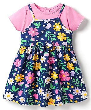 Babyhug Single Jersey Knit Half Sleeves Floral Printed Frock With Inner Tee - Navy Blue