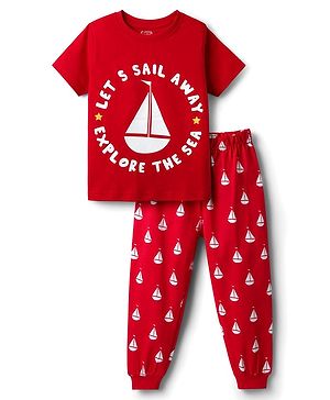 Babyhug Cotton Knit Half Sleeves Night Suit with Nautical Theme Print - Red