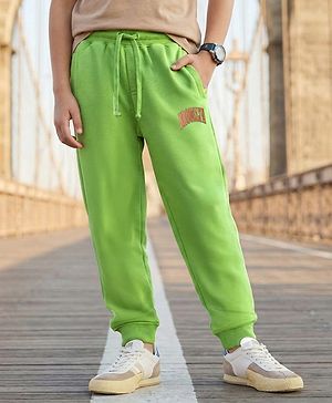 Pine Kids Cotton Knit Full Length Lounge Pants With Brooklyn Text Print - Green