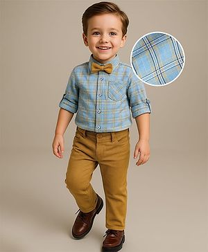 Babyhug Cotton Woven Full Sleeves Shirt & Trouser Set with Bow & Checks - Light Blue & Khaki