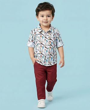 Babyhug Cotton Woven Full Sleeves Printed Shirt & Trouser Set - White & Red
