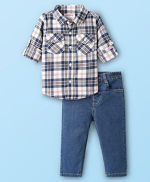 Babyhug Cotton Woven Full Sleeves Shirt & Jeans Set with Checks - Blue