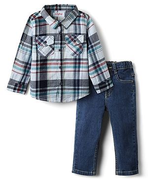Babyhug Cotton Woven Full Sleeves Checkered Shirt & Denim Jeans Set - Navy Blue
