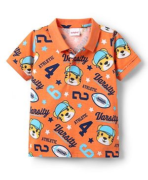 Babyhug 100% Cotton Knit Half Sleeves Polo T-Shirt with Animal Print - Orange