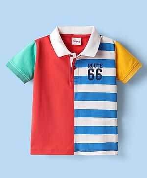 Babyhug Cotton Knit Half Sleeves Color Block Polo T-Shirt With Stripes  - White & Red
