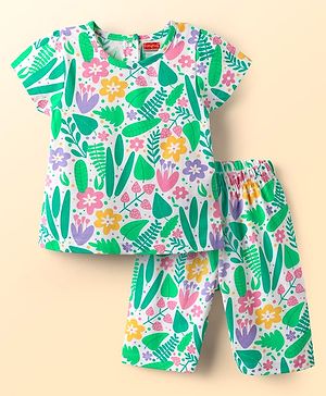 Babyhug Cotton Knit Half Sleeves Capri Co-ord Night Suit With Floral Print - White & Light Green