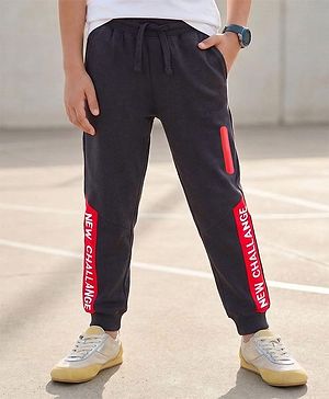 Pine Kids Cotton Knit Full Length Lounge Pant with Text Print - Navy Blue