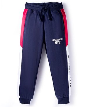 Pine Kids Cotton Knit Full Length Lounge Pant with Text Print - Navy Blue