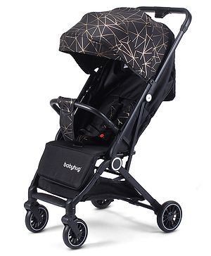 Babyhug Portable Baby Stroller with One-hand Compact Fold - Black| Pram for Newborn| Concealed Linked Brake| Swivel Wheels| 5 point Safety Harness| Storage Basket|