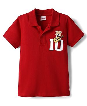 Babyhug 100% Cotton Knit Half Sleeves Polo T-Shirt with Bear Print - Red