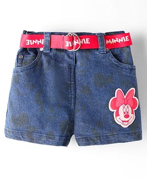 Babyhug Disney Denim Short With Minnie Mouse Print & Belt - Navy Blue
