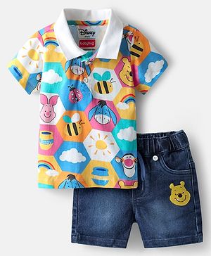 Babyhug Disney Single Jersey Knit Half Sleeves Polo T-Shirt & Denim Shorts Set with Suspender & Winnie the Pooh Graphics - Navy Blue & White