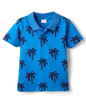 Babyhug 100% Cotton Knit Polo T-Shirt with Coconut Tree Print - Blue