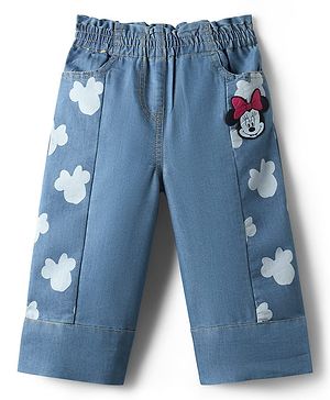 Babyhug Disney Denim Knit Full Length Jeans With Minnie Mouse Graphics - Light Blue