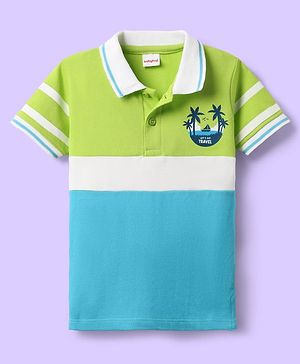 Babyhug Cotton Knit Half Sleeves Cut & Sew Polo T-Shirt With Lets Go Travel Text Print - Light Blue & Limegreen