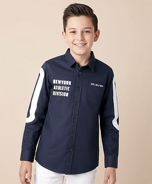 Pine Kids Cotton Woven Full Sleeves Shirt With Text Print - Navy Blue