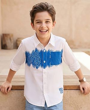 Pine Kids Cotton Woven Full Sleeves Shirt with Los Angeles Text Print - White