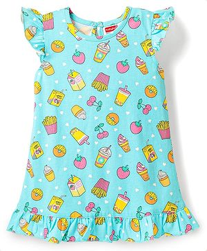 Babyhug Cotton Knit Frill Sleeves Nighty With Tropical Theme Print - Aqua
