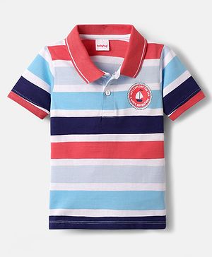 Babyhug 100% Cotton Knit Polo T-Shirt with Stripes & Lets Explore Text Print - White & Blue