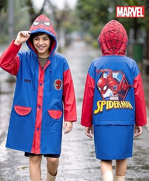 Pine Kids Marvel Full Sleeves Hooded Spider-Man Raincoat - Blue & Red