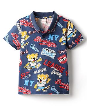 Babyhug 100% Cotton Knit Polo T-Shirt with Sports Theme Print - Navy Blue